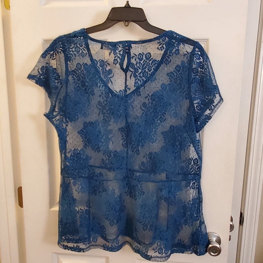 Lane Bryant sz 18/20 sheer lace Teal‎ Blue short slv peplum top boho going out - Picture 6 of 10